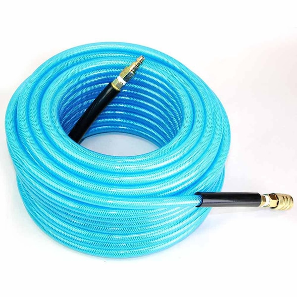 Interstate Pneumatics 3/8 Inch 100 feet Light Blue PU Hose Kit with 1/4 Inch Brass 'S' Coupler and Plug HU16-100H44BS - main